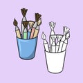 A set of pictures, a jar with various brushes, a drawing tool, a vector cartoon illustration