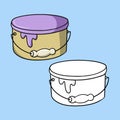 A set of pictures, a large jar with liquid lilac paint, a vector illustration in cartoon style