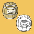 A set of pictures, a large wooden barrel with honey, a vector illustration in cartoon style