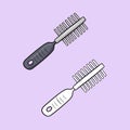 A set of pictures, a metal comb for animals with a black plastic handle, a vector illustration in cartoon style