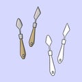 A set of pictures, metal palette knives with wooden handles, a set for the artist, a vector