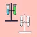 A set of pictures, a metal stand with glass test tubes, a chemical experiment, a vector