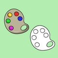 A set of pictures, an oval palette with multicolored paints, a drawing tool, a cartoon vector illustration