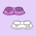 Set of pictures, pink double bowl for dogs, vector illustration in cartoon style