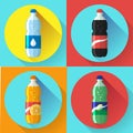 Set of pictures plastic bottle of coca cola, sprite, fantasy orange soda Flat vector illustration