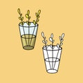 A set of pictures, Simple twigs with autumn leaves in a tall glass vase, vector cartoon