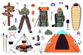 A set of pictures about trekking, camping and traveling in the wild. Vector illustration