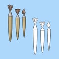 A set of pictures, various brushes for drawing with a wooden handle, vector illustration in cartoon style