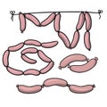 A set of pictures, various delicious pink sausages, vector illustration in cartoon style