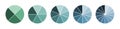 Set of pie chart diagrams. Circles cut on 4, 6, 8, 10 and 14 slices. Shades of green and blue gradient on white background, simple