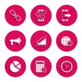 Set Pie chart infographic, Calculator with dollar symbol, Clock, Earth globe, Megaphone, Smartphone, mobile and Chain Royalty Free Stock Photo