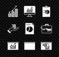 Set Pie chart infographic and coin, Computer monitor with, Clipboard, Board, Chalkboard, Money hand and Document icon