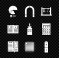 Set Pie chart infographic, Magnet, Pendulum, Notebook, Processor, Battery, Open and Glass bottle with pipette icon