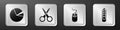 Set Pie chart infographic, Scissors, Computer mouse and Stationery knife icon. Silver square button. Vector