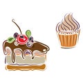 Set of piece of cake and cupcake