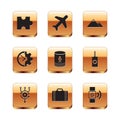 Set Piece of puzzle, Algorithm, Suitcase for travel, Voice assistant, Clock and gear and Mountains icon. Vector Royalty Free Stock Photo