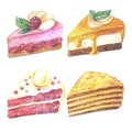 Set of pieces of cake. Hand drawn watercolor pencils. Royalty Free Stock Photo