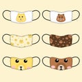 Set of 6 pieces of cute bear pattern fabric mask on soft yellow background.