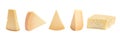 Set with pieces of delicious parmesan cheese on white background. Banner design Royalty Free Stock Photo