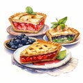 set of pieces of different pies with berry fillings, watercolor drawing. Royalty Free Stock Photo