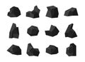 A set of pieces of fossil stone black coal of various shapes with different illumination of the surface. Charcoal