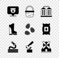 Set Pig, Basket, Granary, Garden hose, Wooden axe, Windmill, Waterproof rubber boot and Seeds icon. Vector