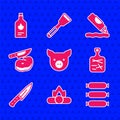 Set Pig, Campfire, Sausage, Cutting board, Meat chopper, Steak meat and knife, Ketchup bottle and Tabasco sauce icon