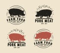 Set of pig meat emblem vintage vector illustration. Farm food concept. Pork logo design