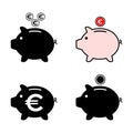 Set of Piggy bank flat icon, sign vector with euro web symbol. Money income, economic graphic button