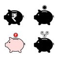 Set of Piggy bank flat icon, sign vector with rupee web symbol. Money income, economic graphic button