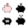 Set of Piggy bank flat icon, sign vector with won web symbol. Money income, economic graphic button