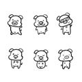 Set of pigs in various posture doodle style only outline