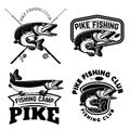 Set of pike fishing emblems in monochrome style. Pike fish logo, label, sign, poster, badge