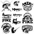 Set of pike fishing emblems in monochrome style. Pike fish logo, label, sign, poster, badge