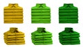 3 Set of pile stack group of folded blank dark light green lime yellow button up long sleeve collar shirt on transparent, PNG