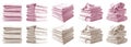 2 Set of pile stack heap of folded crumpled pastel light pink beige bath towel rug on transparent, PNG