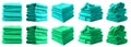 2 Set of pile stack heap of folded crumpled turquoise blue green bath towel rug on transparent cutout, PNG Royalty Free Stock Photo