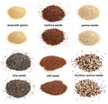 Set of piles of pseudocereal grains anf teff Royalty Free Stock Photo