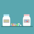 Set of pill bottle with pills and tablets, medicine Royalty Free Stock Photo