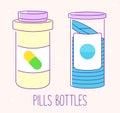 Set of pill bottles. Flat line icons on pink background. Pills jars for tablets. Medical containers. Vector illustrations Royalty Free Stock Photo