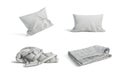 A set of pillows and blankets on a white background.