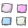 Set of pillows. Large and small object. Cartoon flat illustration. Soft colored cushions in blue and pink