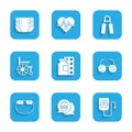 Set Pills in blister pack, Grandmother, IV bag, Eyeglasses, Wheelchair, Sport expander and Adult diaper icon. Vector