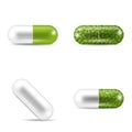 Set of pills in capsule shapes and forms.