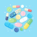 Set of pills, medicine, drugs. Painkiller Tablet, vitamine, pharmaceutical antibiotics. Medical background. Vector cartoon design