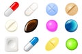 Set of pills and painkiller capsules. Vitamin tablets for good health and antibiotic medications in blister pack