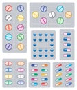 Set of pills, tablets and capsules in blisters, vector