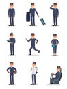 Flat vector set with pilot in different actions. Captain of passenger airplane. Young man and woman in uniform