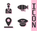 Set Pilot hat, Pilot, Location and Airship icon. Vector. Royalty Free Stock Photo