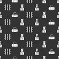 Set Pilot, Suitcase, Airport runway and Stewardess on seamless pattern. Vector